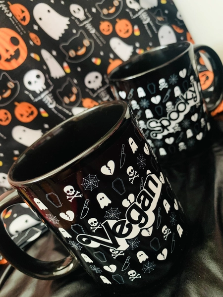 VEGAN MUG - Spooky 11 oz Black Ceramic Mugs Retro 80s Doll style logo coffee cup Ghost Coffin Skull Web Goth Gothic Halloween gift Power Co