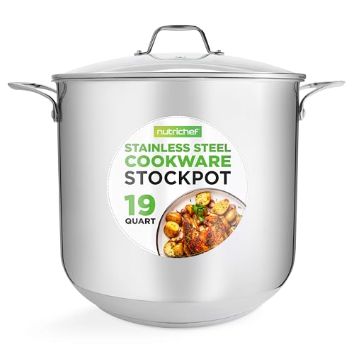 NutriChef 19-Quart Stainless Steel Stock Pot - 18/8 Food Grade Heavy Duty Induction Large Stock Pot, Stew Pot, Simmering Pot, Soup Pot with See Through Lid, Dishwasher Safe - NutriChef NCSP20 - 19 Quart Pot