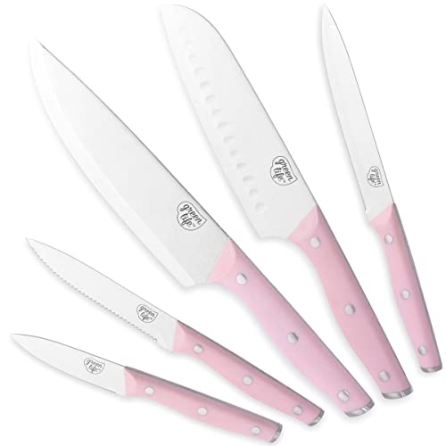 GreenLife High Carbon Stainless Steel 5 Piece Knife Set with Covers, Includes Chef Santoku Serrated Utility and Pairing, Comfort Grip Handles, Triple Rivet Cutlery, Soft Pink - 5 Piece Knife Set with Covers - Pink