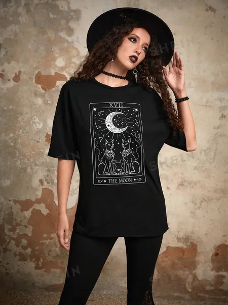 ROMWE Goth Moon & Cat Print Drop Shoulder Tee
