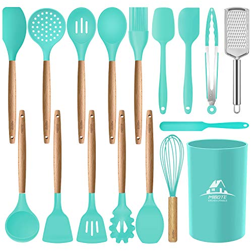 MIBOTE 17 Pcs Silicone Cooking Kitchen Utensils Set with Holder, Wooden Handles Cooking Tool BPA Free Turner Tongs Spatula Spoon Kitchen Gadgets Set for Nonstick Cookware (Teal) - 1-Green
