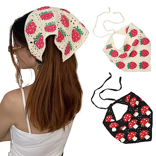 AWAYTR Crochet Bandana Head Kerchief Hair Scarf 2Pcs Knitted Hair Scarves Crochet Hair Kerchief Tie Bcak Headwrap Floral Hair Bandanas for Women Girls Scarf(Black Mushrooms+White Strawberries) - (Black Mushrooms+white Strawberries)