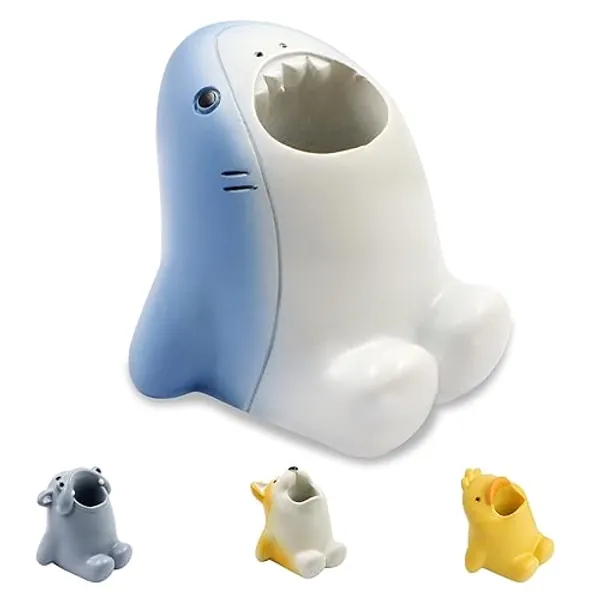 Cute Cartoon Toothbrush Holder for Kids, Fun Resin Pen Pencil Holder, Mini Animal Single Tooth Brush Stand, Creative Bathroom Organizer Storage for Vanity Countertop, Office (Shark) - Shark