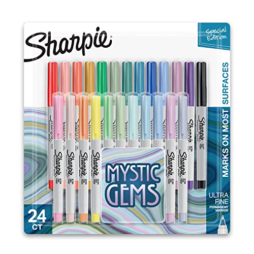 SHARPIE Permanent Markers, Ultra Fine Point, Featuring Mystic Gem Color Markers, Assorted, 24 Count, Includes Lavender - Mystic Gems - Markers