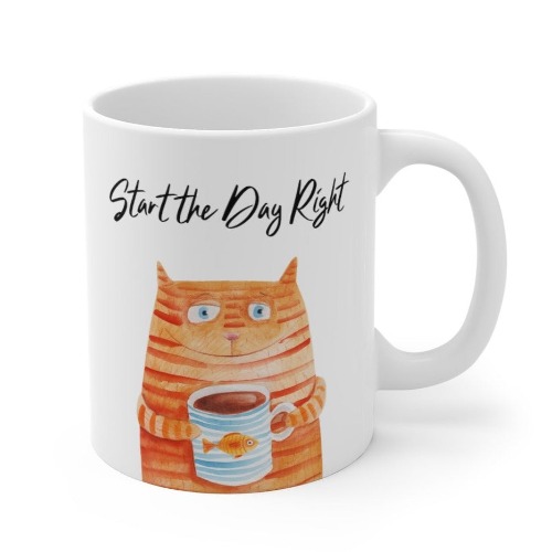 Start the Day Right Cat Holding Goldfish Coffee Tea Mug - 11oz