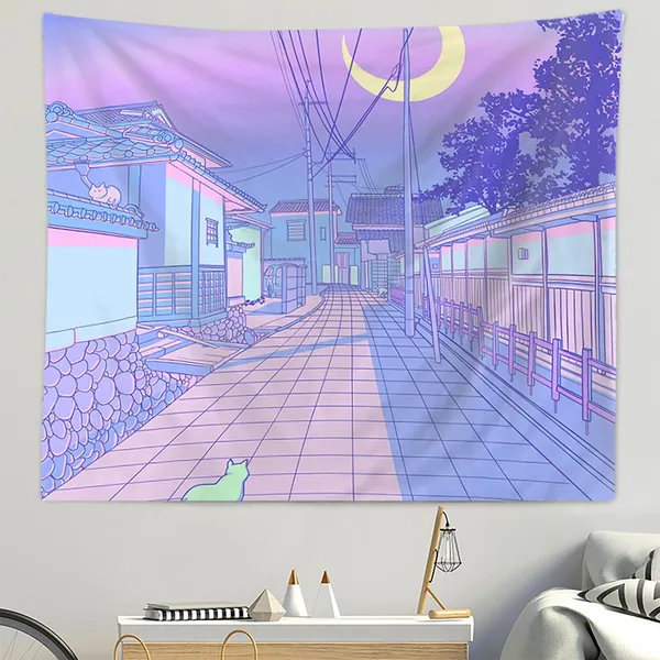 Pink Moonlight Wall Tapestry,Japanese Pink Wall Hanging,House Cat Wall Decor,Wall Blanket,Wall Cloth,Pink Moonlight Backdrop,Home Decor