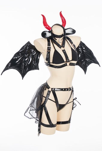 Sexy Lingerie Set Devil Cow Top and Thong with Belt Set and Wings Headband Necklace
