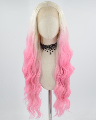 Platinum Blonde Ombre Pink Wavy Synthetic Lace Front Wig WW646 | Default Title