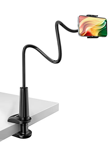 TRYONE Gooseneck Phone Holder Stand for Bed Flexible Arm Adjustable Cell Phones Mount Clamp on Desk Bedframe Compatible with iPhone 14 Pro Max 13 12 11 X SE Series/Samsung S22 or Other 4"-7" Devices - 01-Black