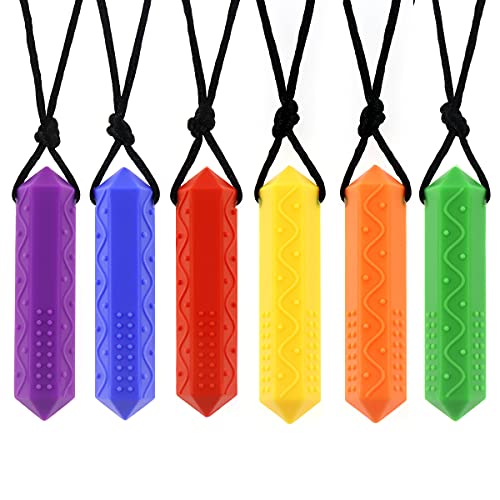Tuxepoc Sensory Chew Necklaces Set (6 Pack) for Kids with Teething, ADHD, Autism, Biting Needs, Oral Motor Chewy Teether, Silicone chewlery Jewellery Necklace for Boys and Girls Child (Diamond) - Diamond
