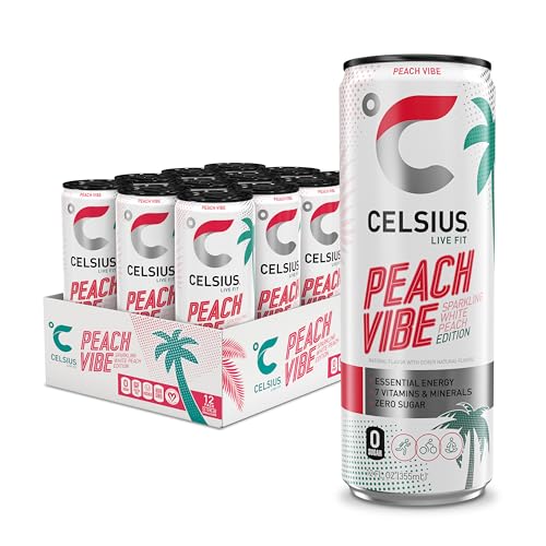 CELSIUS Sparkling Peach Vibe, Functional Essential Energy Drink 12 Fl Oz (Pack of 12) - Sparkling Peach Vibe - 12 Fl Oz (Pack of 12)