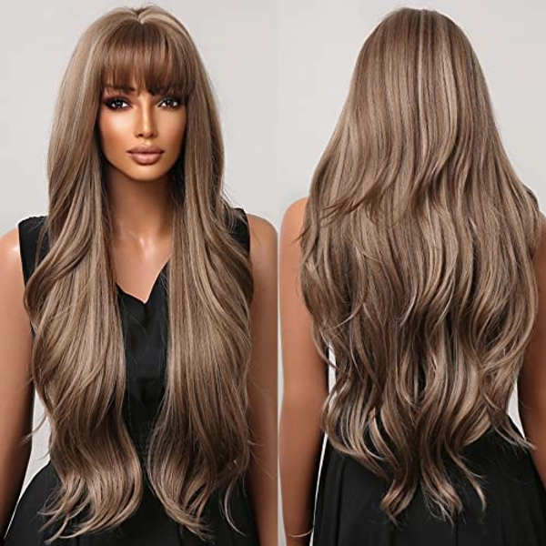 Allbell Brown Wigs for Black Women Long Wavy Ombre Blond Wigs With Bangs Synthetic Wig Hair Repalcement Wigs