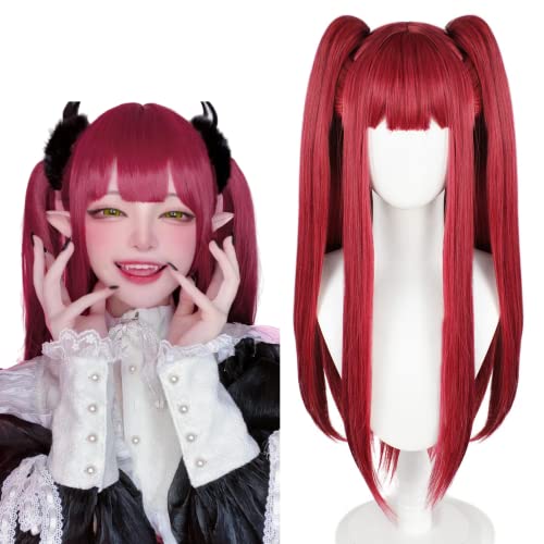 Anogol Hair Cap+3 Pieces Set Long Wine Red Wig+ (1*Hair Cap+2 Ears) With 2 Ponytails Straight Wig for Women Girls Cosplay Wig with Bangs Synthetic Hair Wig Costume for Anime Halloween Party
