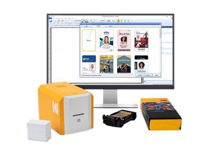 KODAK ID100S Photo ID Card Printer Kit, Includes printer, pre-loaded color ribbon, 100 cards, and KODAK Photo ID Studio badge creation software