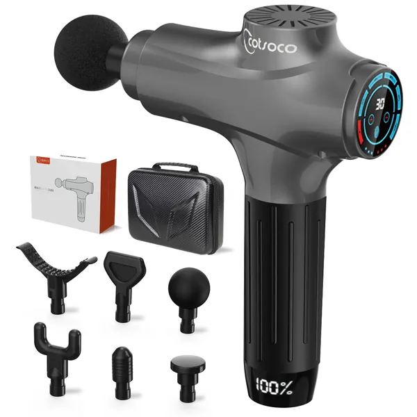 Cotsoco Massagepistole Massage Gun Massage Pistole mit 30 Geschwindigkeit, Muskelmassagegerät Handheld-Massagegerät für Halsschulter zurück Entspannung, 6 Massageköpfe mit LCD-Touchscreen - Grau