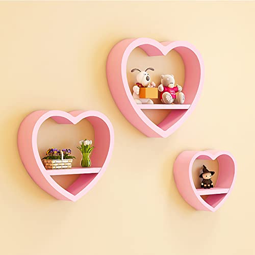 QQXX Cute Heart Shaped Floating Shelves,Set of 3 Wall Shelves Wood Floating Shelf,Kawaii Shelves for Wall Decor,Small Storage Display Rack Living Room Bedroom Bathroom(Set of 3, Pink) - Pink - Set of 3