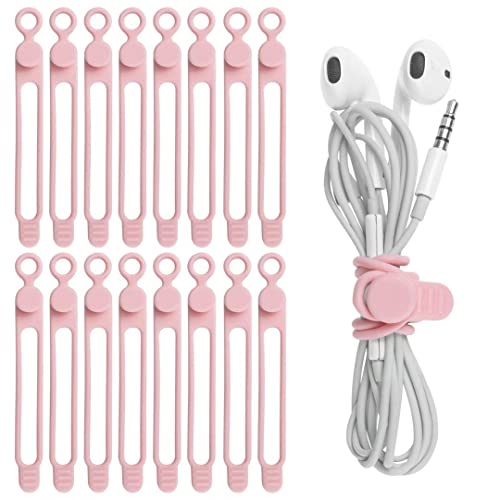 Nearockle 16Pcs Silicone Cable Straps Wire Organizer for Earphone, Phone Charger, Mouse, Audio, Computer, Reusable Fastening Cable Ties Cord Organizer in Home, Office, Kitchen, School (Pink) - 4.2 Inch - Pink