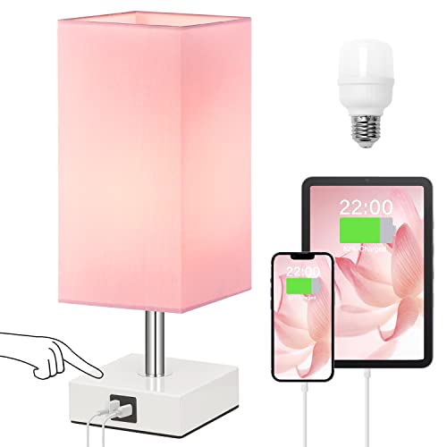 Ambimall Touch Control Table Lamp with USB A+C Charging Ports, 3 Way Touch Lamps Beside Desk, Nightstand Lamp for Bedrooms Living Room, Pink Shade with White Base, LED Bulb Included(Pink) - A：pink