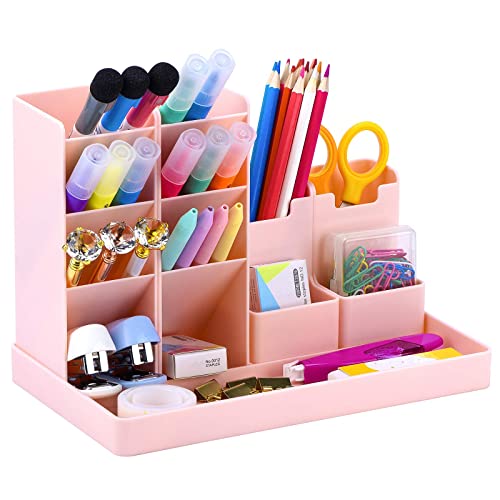 Cute Vertical Pen Organizer, Kawaii Desk Organizer Pen Holder Stationery, Marker Pencil Storage Caddy Tray for Office, School, Home & Art Supplies - Pink - Pink