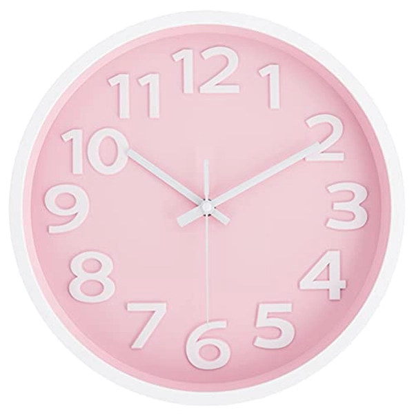 Rysunle 12 Inch Modern Wall Clock, Silent Non-Ticking Battery Operated Quartz Decorative Wall Clocks for Living Room Office Kitchen Bedroom, 3D Numbers Display Easy to Read. (Pink)