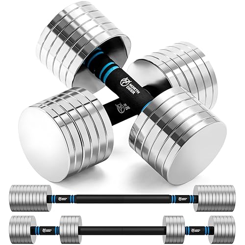 Northdeer V2.0 Upgraded Adjustable Steel Dumbbells 40LB / 60LB - 2 in 1 Dumbbell Barbell Set for Home Gym Workout - Compatible with V1.0 Dumbbells - Silver - 30lbs Pair (2×30lbs)