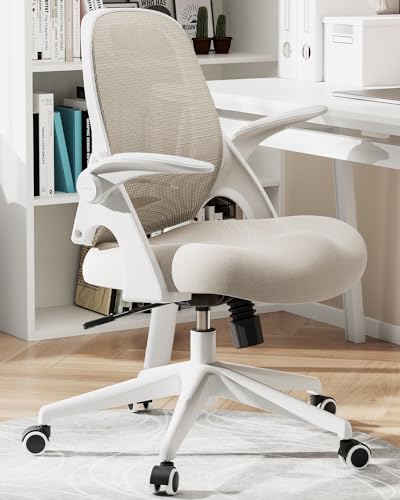 Hbada Office Chair, Desk Chair with Flip-Up Armrests and Saddle Cushion, Ergonomic Office Chair with S-Shaped Backrest, Swivel, Mesh, for Home and Office, Beige - Beige