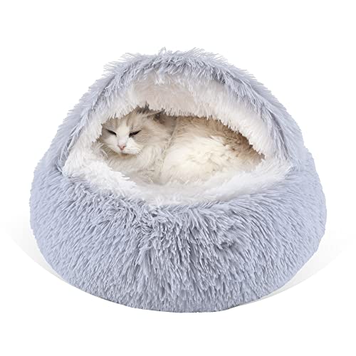 Gavenia Cat Bed Round Fluffy Hooded Cat Bed Cave with Non-collapsed Plush Cover,Cat Bed Donut for Indoor Cats,Calming Dog Beds&Cat,Anti-Slip&Waterproof Bottom,Washable Bed,20inch,Grey - Grey