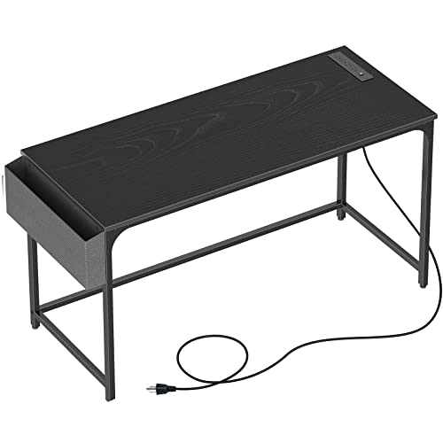 Rolanstar Computer Desk with Power Outlet, 55” Home Office PC Desk with USB Ports Charging Station, Desktop Table with Side Storage Bag and Iron Hooks, Stable Metal Frame Workstation, Black - 55 inch - Black