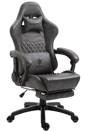 Dowinx Gaming Chair Office Chair PC Chair with Massage Lumbar Support, Vintage Style PU Leather High Back Adjustable Swivel Task Chair with Footrest (Light Grey) - Grey