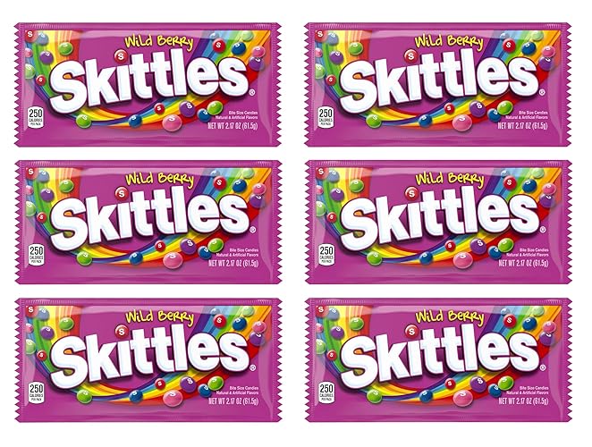 SKITTLES - Original, Wild Berry, Tropical, Smoothies, Sour, Brightside, All Lime - Full Size, Bite Size Candy, Individual Packs - Great For Holidays, Parties, Gifts & More ! (Wild Berry - 2.17 Ounce, 6 Count) - Wild Berry - 2.17 Ounce - 2.17 Ounce (Pack of 6)