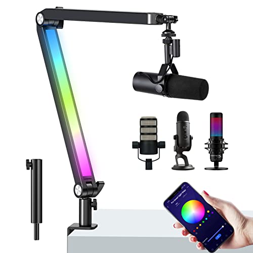 YOUSHARE Upgraded Universal Mic Boom Arm with RGB Light for Blue Yeti, HyperX QuadCast and Most USB Mic, Smart Color Changing with App Control,Heavy Duty Mic Arm with Detachable Riser, 1/4’’ 3/8’’ 5/8’’ Adapter