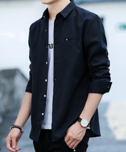 Mens Casual Long Sleeve Button Front Shirt - Navy / M