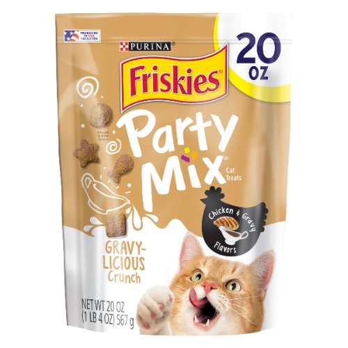Friskies Purina Made in USA Facilities Cat Treats, Party Mix Crunch Gravylicious Chicken & Gravy Flavors - 20 oz. Pouch - Gravylicious 20 oz. Pouch