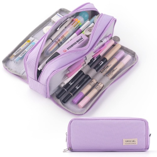 CICIMELON Large Capacity Pencil Case 3 Compartment Pouch Pen Bag for School Teen Girl Boy Men Women (Purple) - Purple