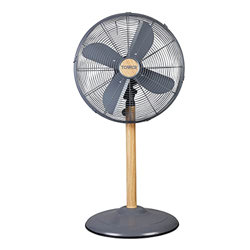 Tower T642000 Scandi Metal Pedestal Fan with 3 Speeds, Automatic Oscillation, 16”, 50W, Grey and Wood Effect - 16" Pedestal Fan - Grey & Wood