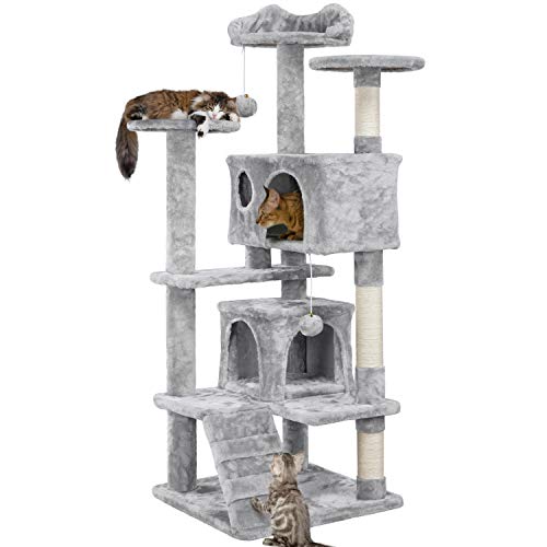 Yaheetech 54in Multi-Level Cat Tree with Sisal-Covered Scratching Posts, Plush Perches, Double Condos and Replaceable Dangling Balls Light Gray - for Kittens, Cats and Pets - Light Gray