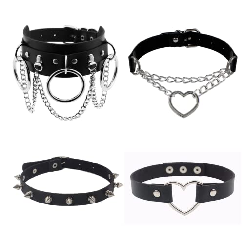 Dumcondy 4Pcs Halloween Cool Steampunk Love Heart Shaped Gothic Goth Punk Rock Rivet Spike Studded PU Leather Choker Collar Necklace Sets for Women Lady Girl Adjustable Cosplay Jewelry Night Club Party Costume Accessory Sexy Chocker Gift Black