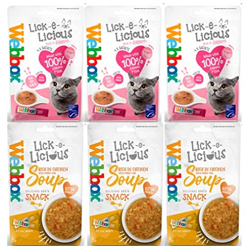 Webbox Lick-e-Licious Chicken & Salmon Cat Soup Treat - Pack of 6 (24x20g Sachets) + Howsehold Bag - Mixed Variety Pack