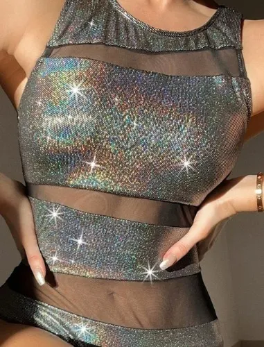 Contrast Mesh Metallic One Piece