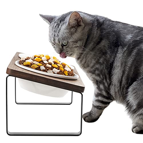 Raised Cat Food Bowl Elevated Kitty Dish 2 Ceramic Bowls Dia 14cm with Bamboo Stand 15°Tilted Anti Vomiting Indoor Cats Double Dishes Feeding Station for Kitten Puppy Easy to Assemble & Clean - Walnut color