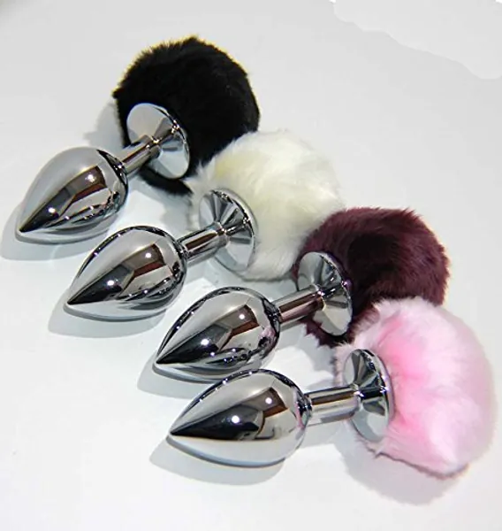 BDStyle, Bunny Faux Tail Silver Smooth Butt Plug Medium, 40mm Wide Plug - Purple