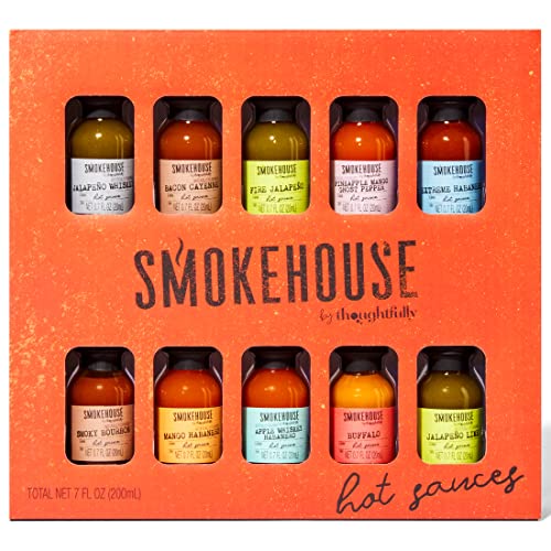 Smokehouse by Thoughtfully, Gourmet Hot Sauce Gift Set, Flavors Include Mango Habanero, Buffalo, Bacon Cayenne, Smoky Bourbon, Fire Jalapeño and More, Variety Pack, Set of 10