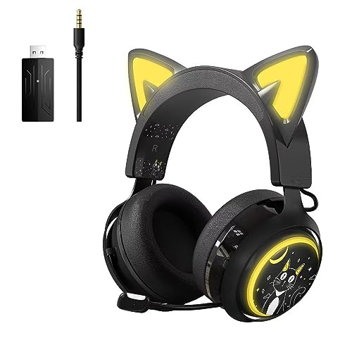 SOMIC Cat Ear Headphones, 2.4G/Bluetooth Wireless Gaming Headset for PS5, PS4, PC with RGB Lights and Retractable Mic, 10Hrs Playtime, 7.1 Surround Sound for Laptop, Smartphone-GS510 Pro - Black - 2.4G+Bluetooth+Wired - Black