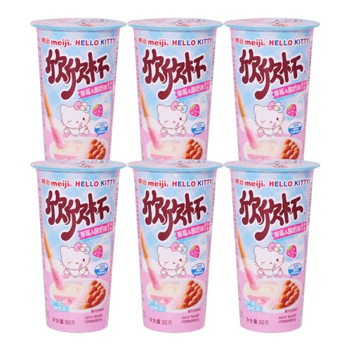 Meiji Yan Yan Hello Kitty Biscuit Sticks With Variety of Flavoured Dip 50g (Pack of 6) (Strawberry & Yogurt Flavoured Dip) - Strawberry & Yogurt Flavoured Dip