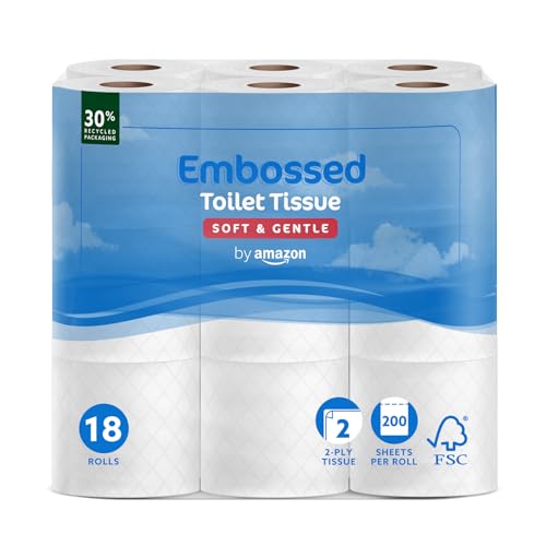 by Amazon Toilet Roll, 2-Ply Embossed, Soft and Gentle, 18 Count (Pack of 1), 200 Sheets per Roll, FSC Certified - 18 count (Pack of 1) - 2 ply Toilet Roll (Embossed)