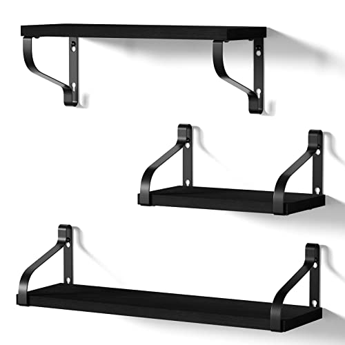 Love-KANKEI Floating Shelves Wall Mounted - Rustic Wood Wall Shelves Set of 3 for Bedroom Living Room Bathroom Kitchen (Black) - Black