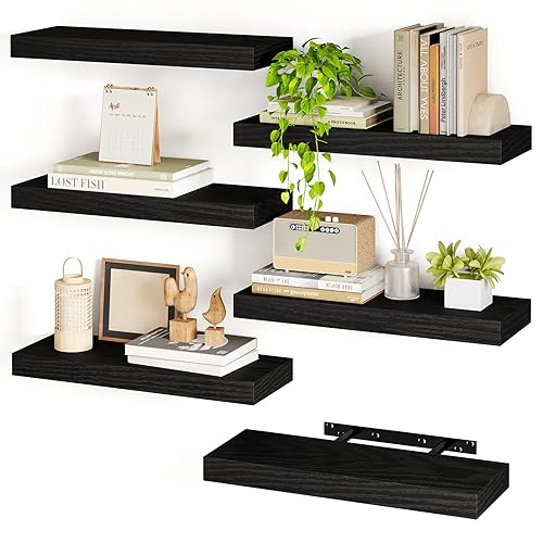 Fixwal 15.8in Black Floating Shelves, Set of 6 Wood Shelves, Farmhouse Shelf Wall Decor for Bathroom, Bedroom, Living and Kitchen Room - 6 - Black