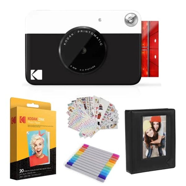 Kodak Printomatic Instant Camera (Black) Gift Bundle + Zink Paper (20 Sheets) + Deluxe Case + 7 Fun Sticker Sets + Twin Tip Markers + Photo Album.