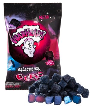 Warheads Galactic Cubes: Sour cubes with a cosmically delicious candy coating.