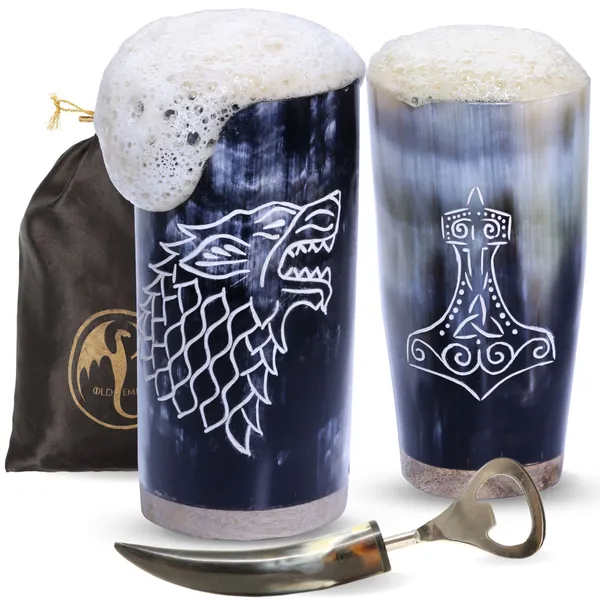 Viking Drinking Horns- Set of 2 Mead Cups with Opener| Gift Bag| Unique Genuine Ox Horns| 100% Authentic Handmade| Food Grade| Engraved Shine Finish(Fenrir, Mjolnir)